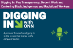Title card for Digging In podcast: Pay Transparency, Decent Work and Centering Black, Indigenous and racialized workers