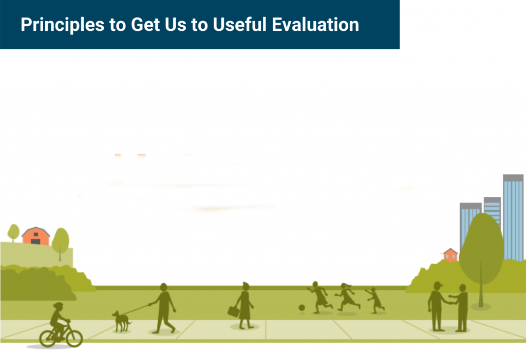 Graphic image of green space with people walking, playing, and talking, with a hill to the left and a city to the right