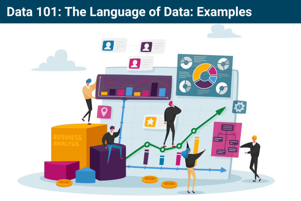 Drawing of people standing in front of giant graphs and charts of data, moving different parts with their hands.